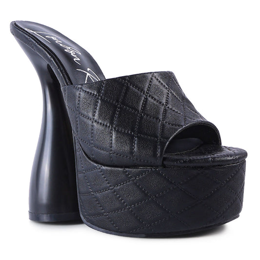 black quilted high heeled platform sandals#color_black