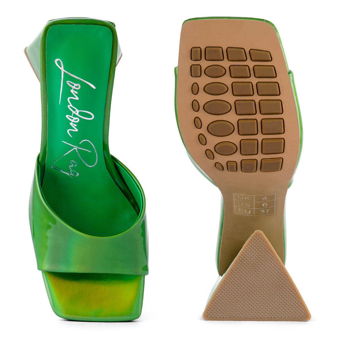 Green Triangular Block Heel Sandals