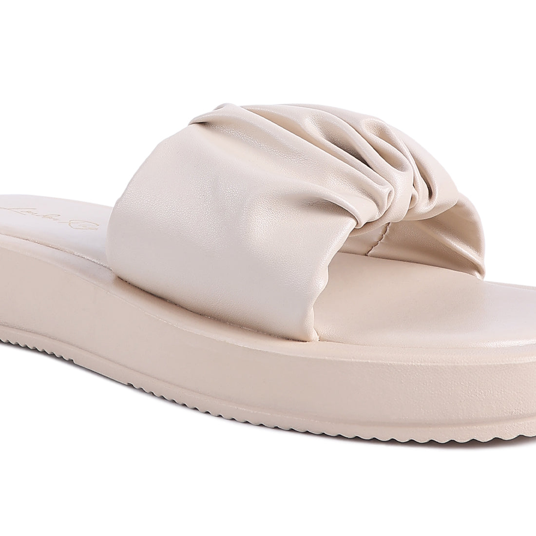 Beige Gathered Low Wedge Slides