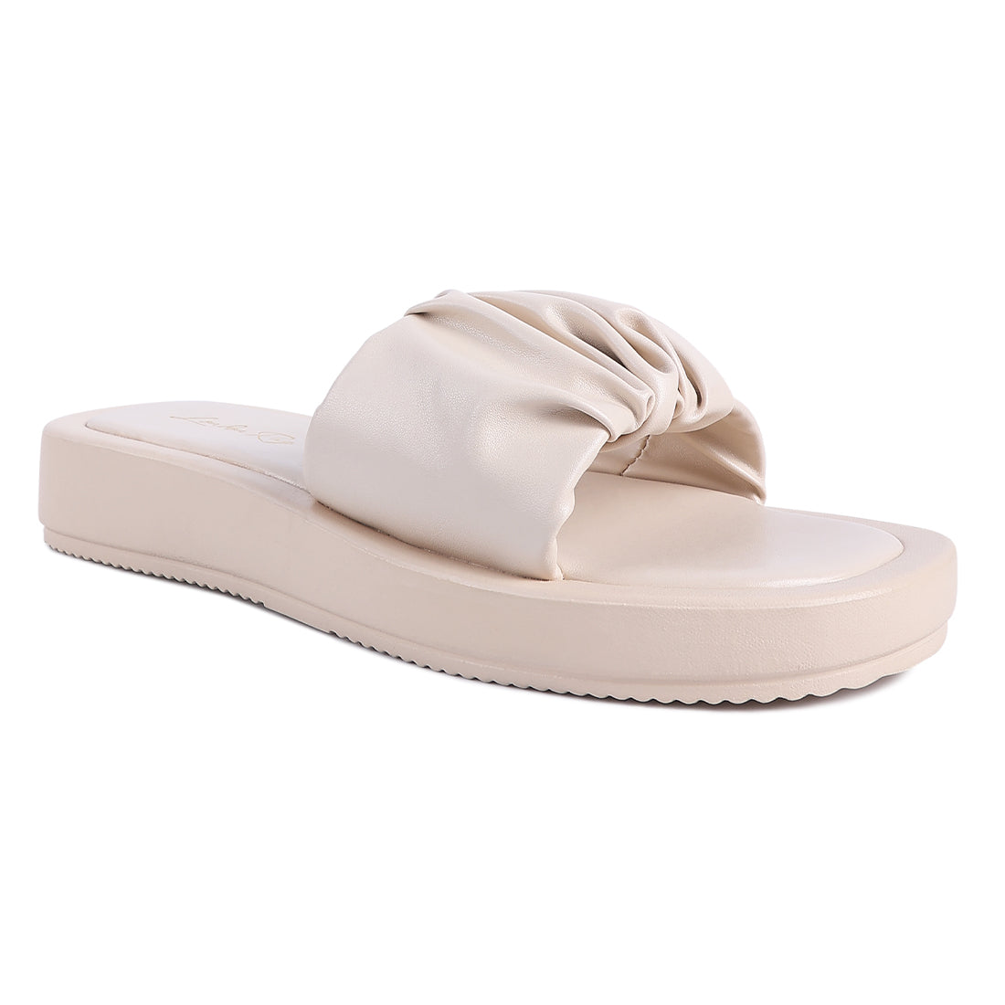 Beige Gathered Low Wedge Slides