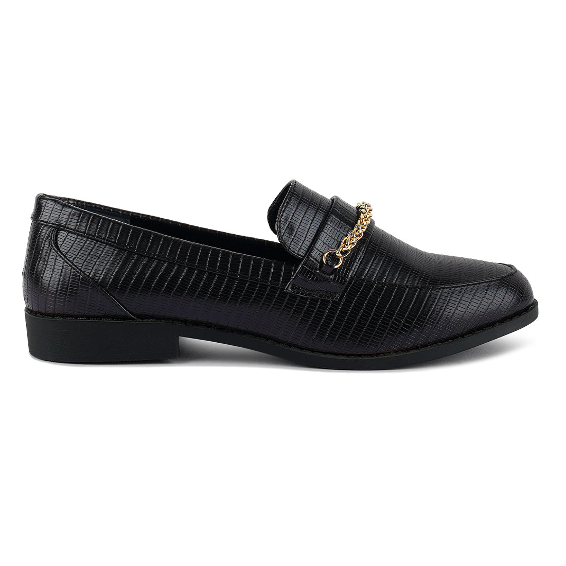 low block loafers adorned with golden chain#color_black