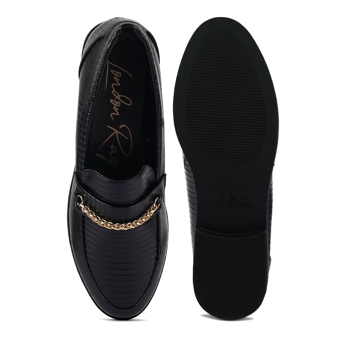 low block loafers adorned with golden chain#color_black