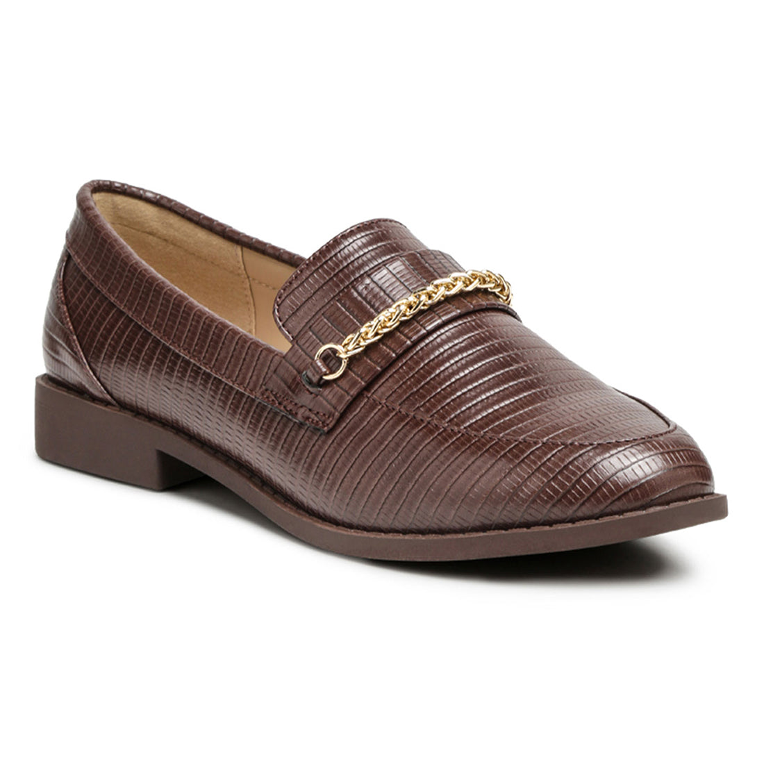 low block loafers adorned with golden chain#color_brown