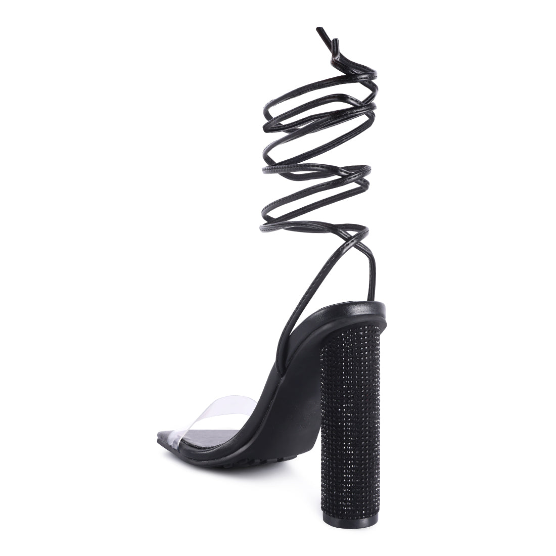 Black Lace Up Diamante High Heel Sandal