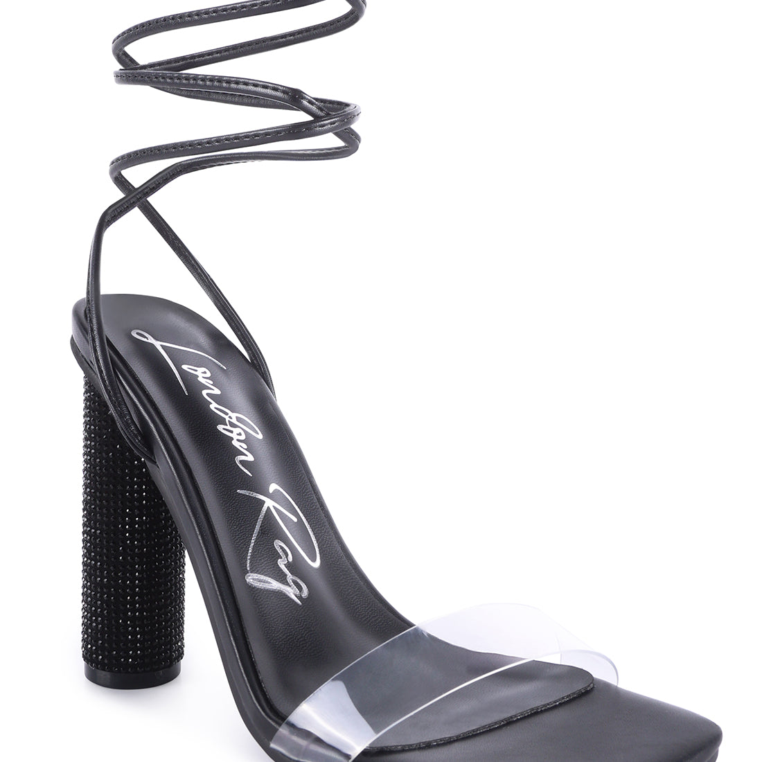 Black Lace Up Diamante High Heel Sandal