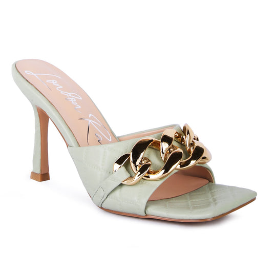 Mint Quilted High Heeled Slide Sandals