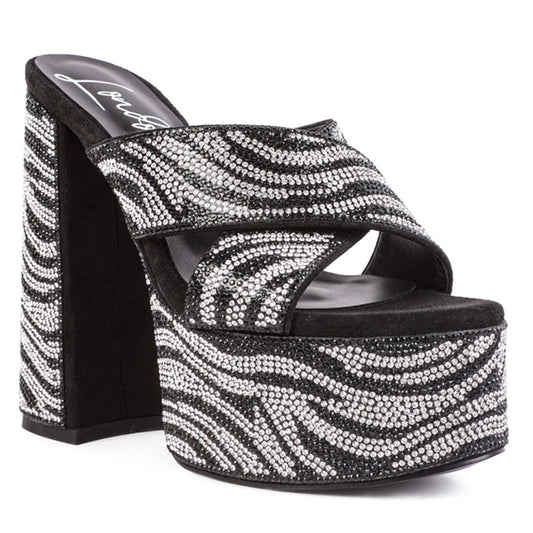 Black Platform Patterned Diamante Slides