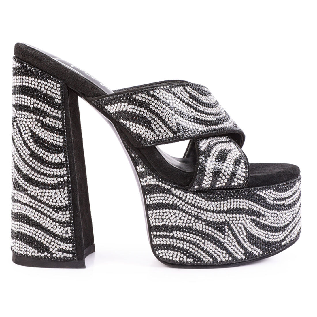 Black Platform Patterned Diamante Slides