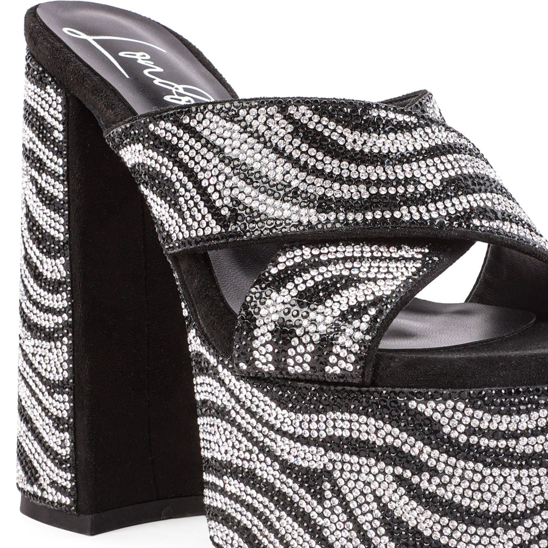 Black Platform Patterned Diamante Slides