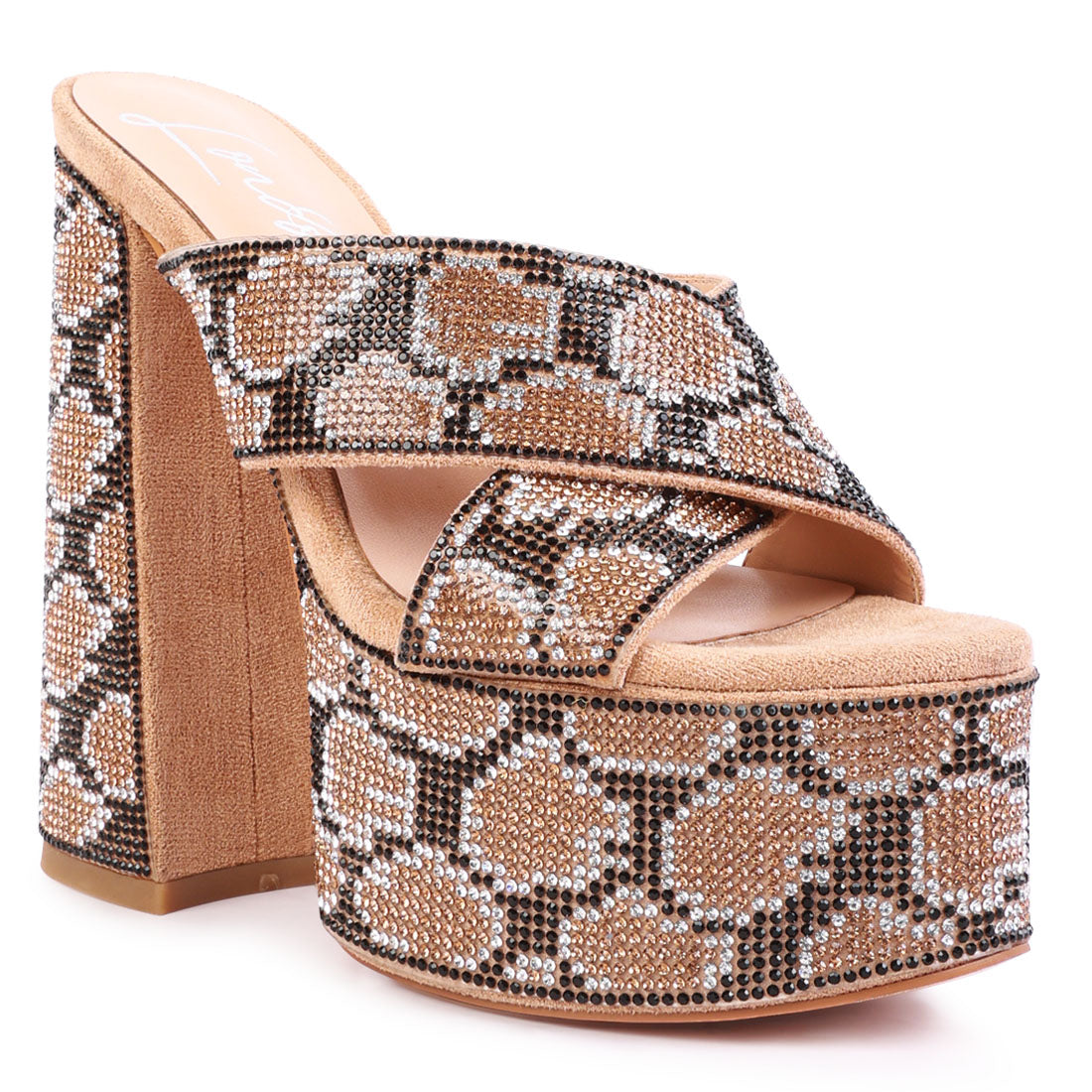 Gold Platform Patterned Diamante Slides