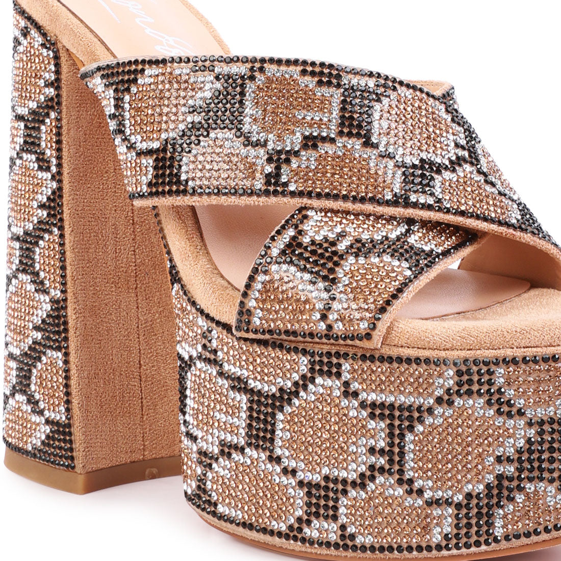 Gold Platform Patterned Diamante Slides