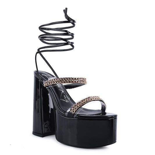 Black Indulgence Metal Chain Lace Up Chunky Sandals