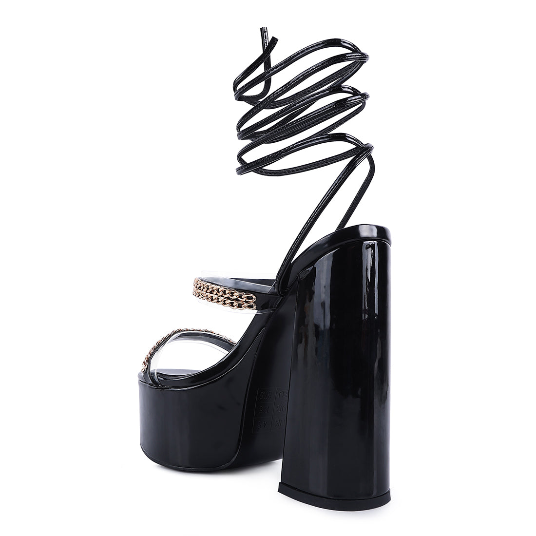 Black Indulgence Metal Chain Lace Up Chunky Sandals