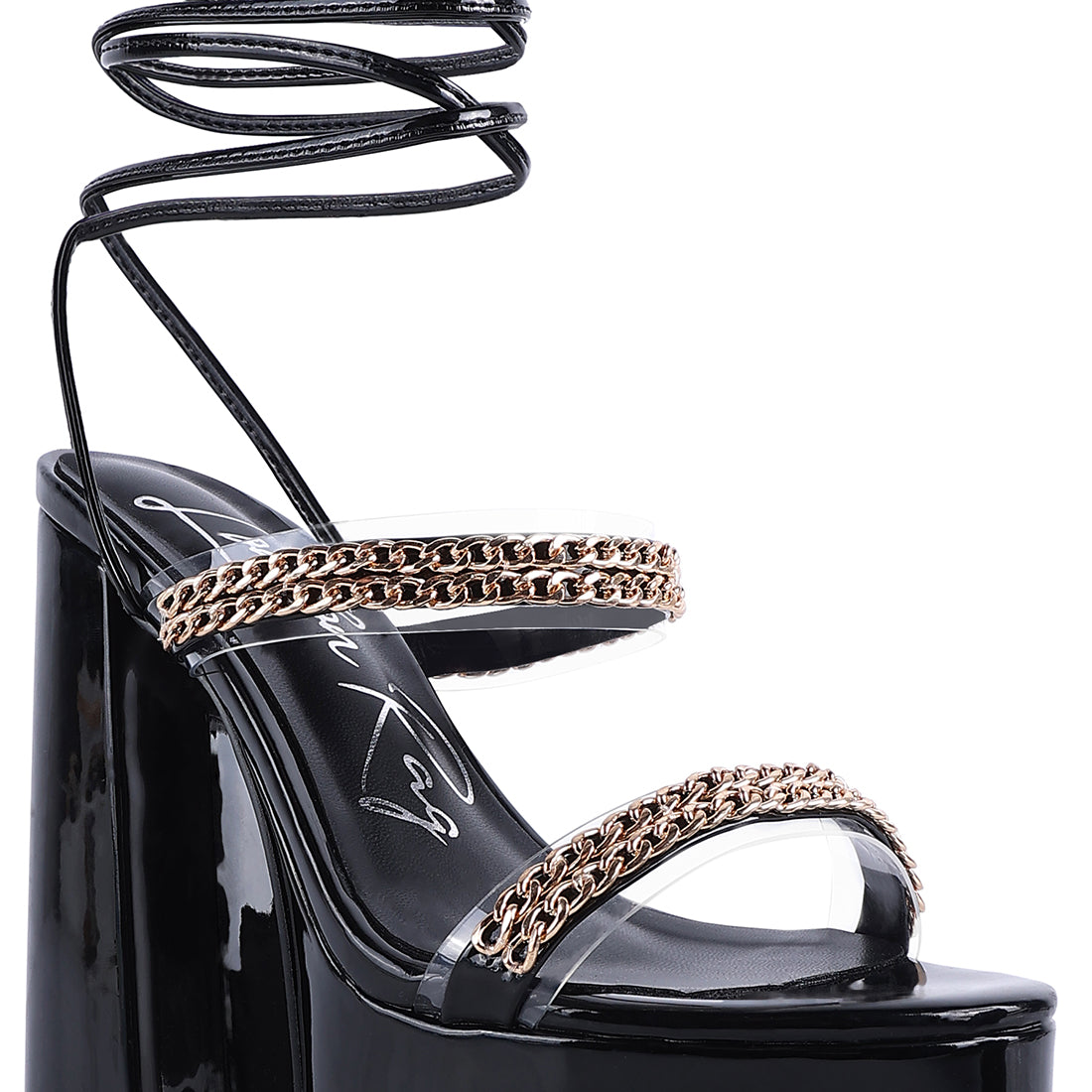 Black Indulgence Metal Chain Lace Up Chunky Sandals