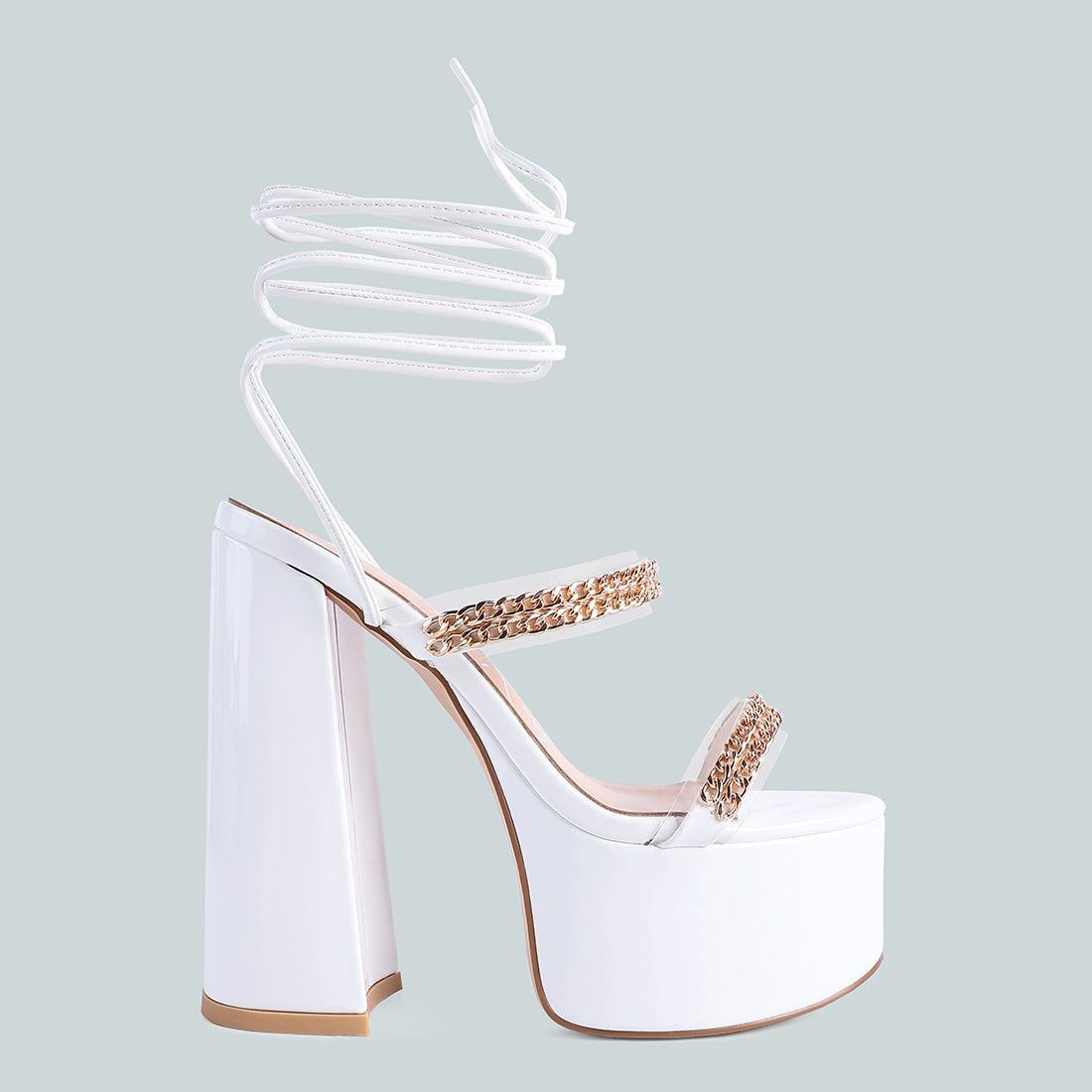 White Indulgence Metal Chain Lace Up Chunky Sandals