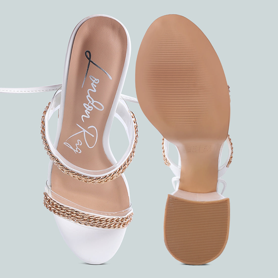 White Indulgence Metal Chain Lace Up Chunky Sandals