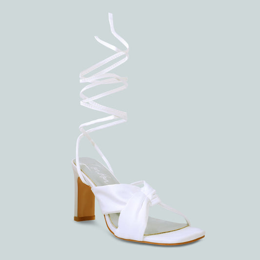 White Ruched Satin Tie Up Block Heeled Sandals