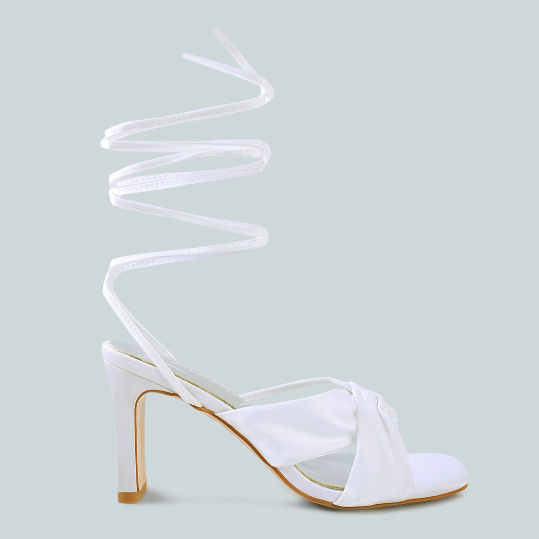 White Ruched Satin Tie Up Block Heeled Sandals