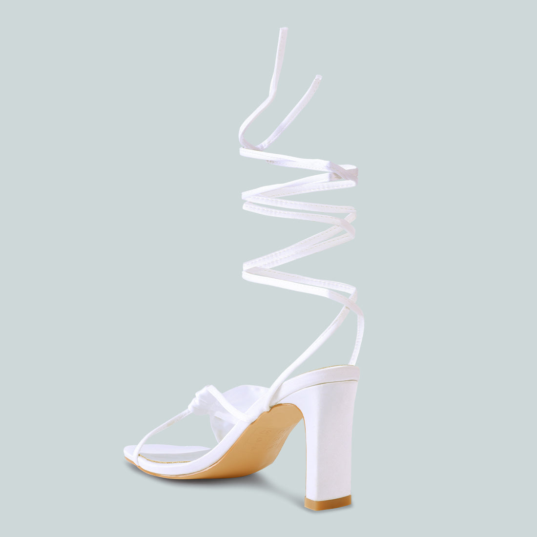 White Ruched Satin Tie Up Block Heeled Sandals