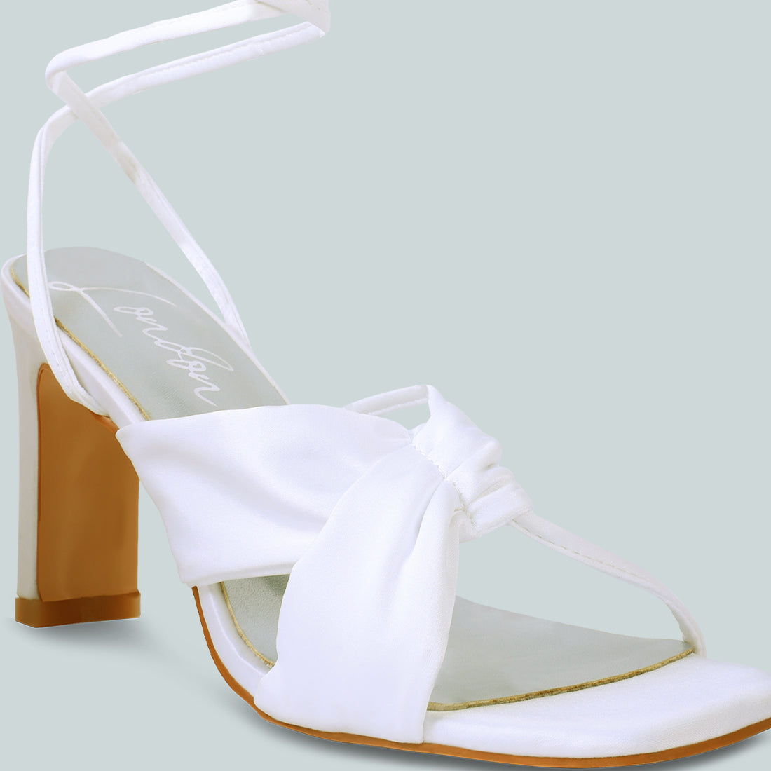 White Ruched Satin Tie Up Block Heeled Sandals