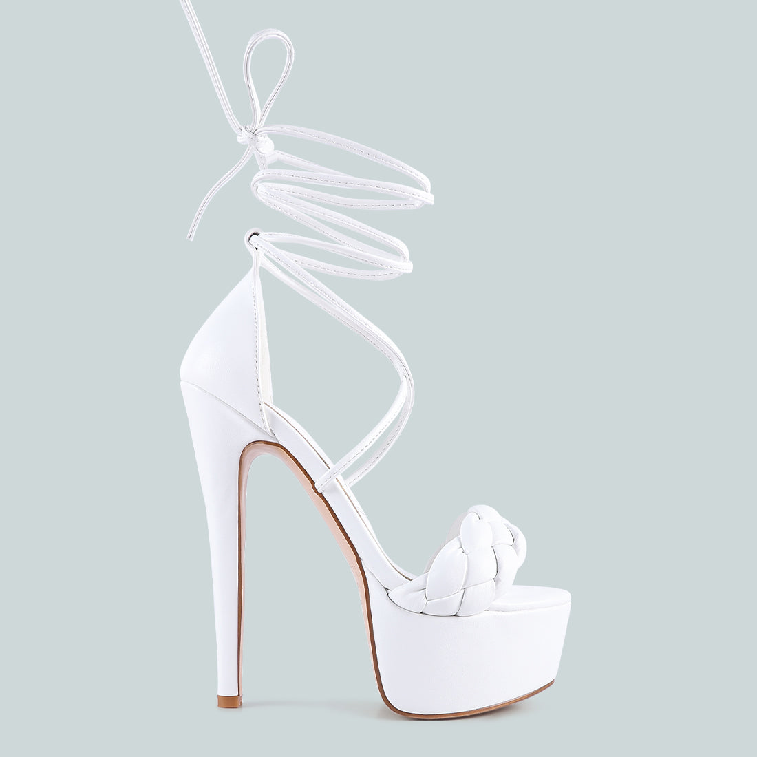 White Tie-Up Braided High Platform Sandals