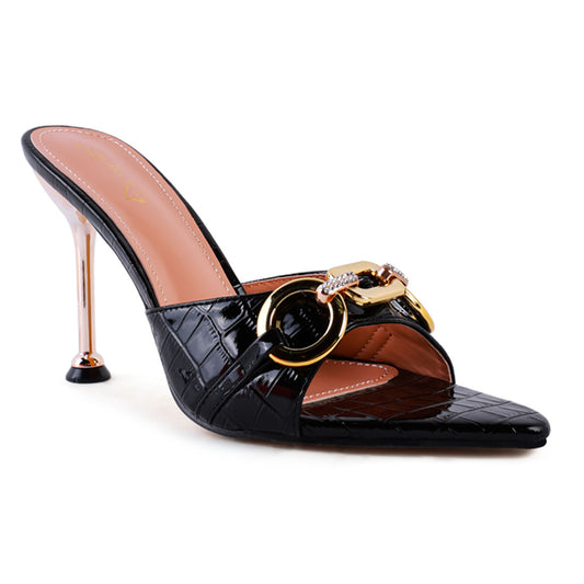 Black Buckled High Heel Slide Sandals