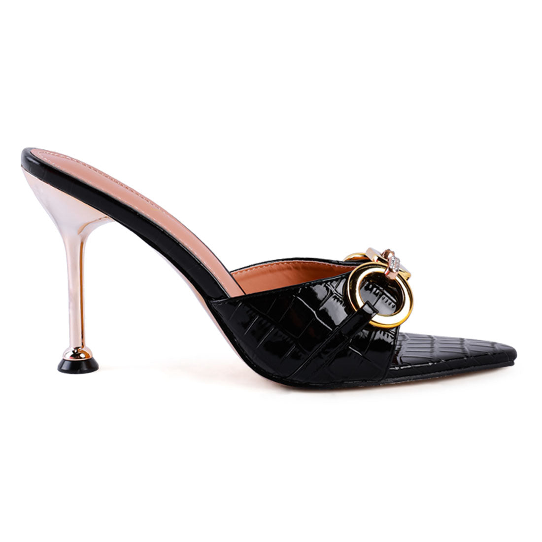 Black Buckled High Heel Slide Sandals