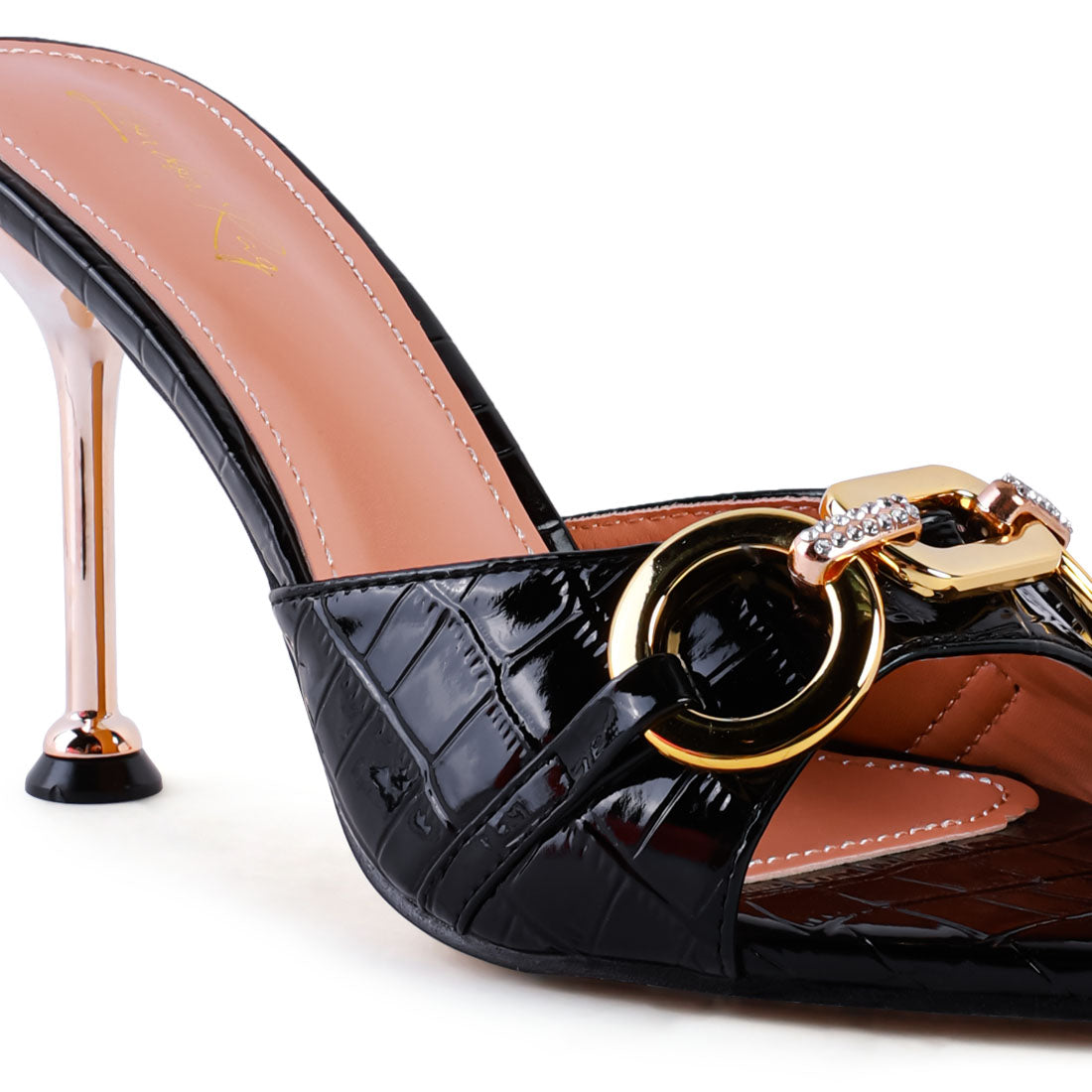 Black Buckled High Heel Slide Sandals