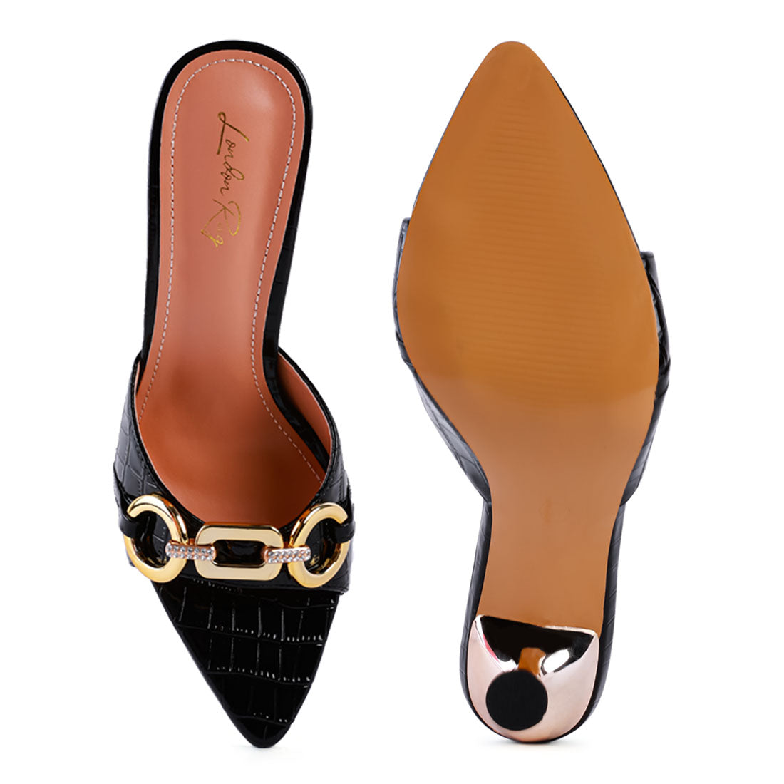 Black Buckled High Heel Slide Sandals