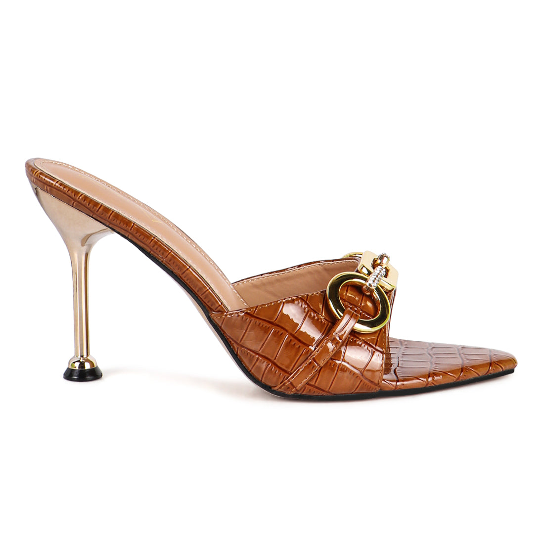 Tan Buckled High Heel Slide Sandals