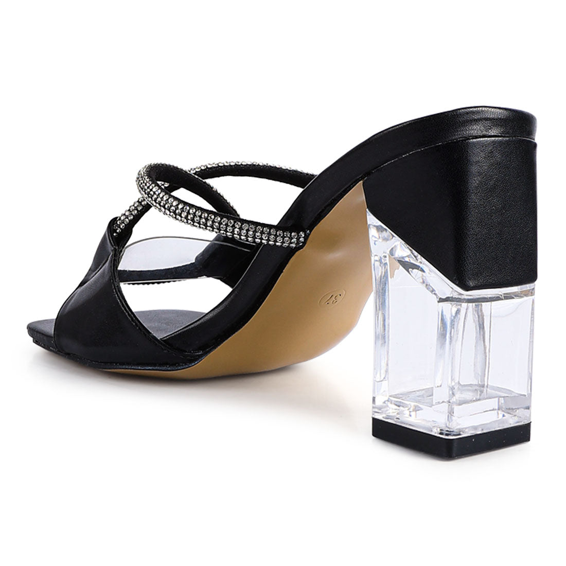 Black Crystal Loop Mid Heel Sandals