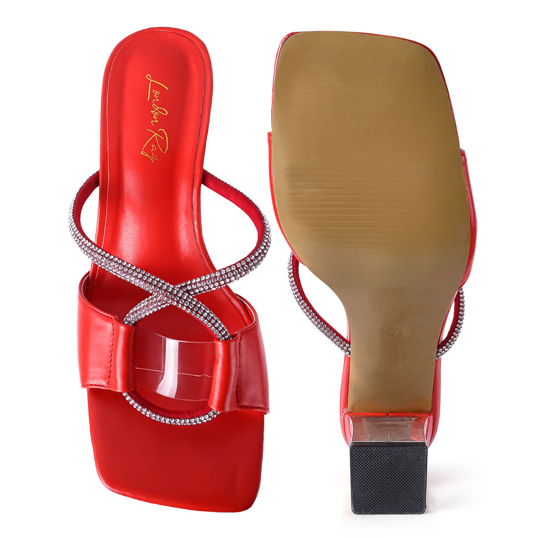 Red Crystal Loop Mid Heel Sandals