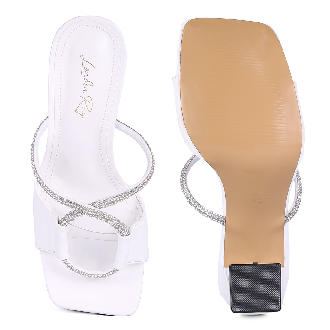 White Crystal Loop Mid Heel Sandals