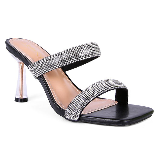Black Diamante Mid Heel Slide Sandals