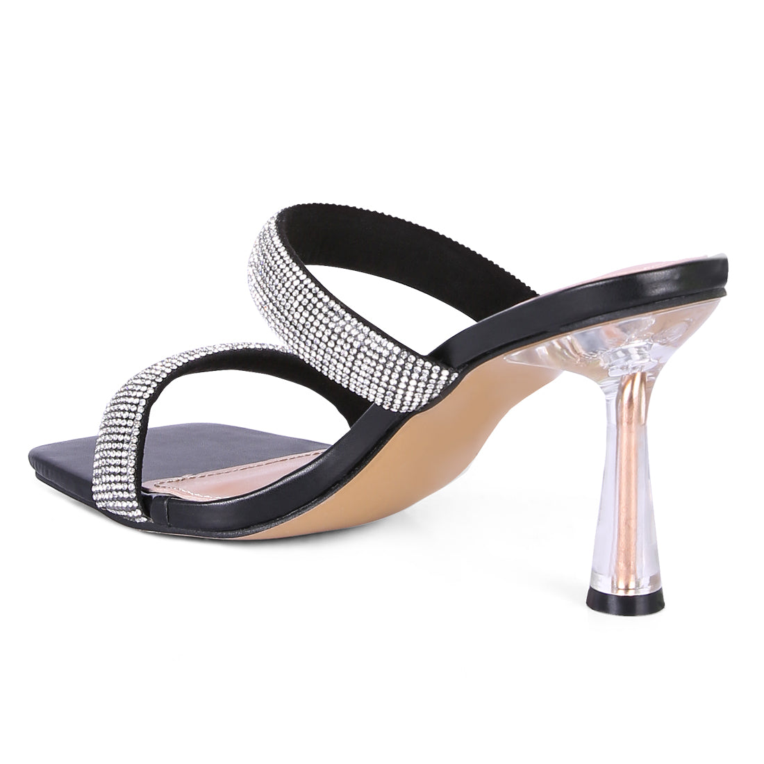 Black Diamante Mid Heel Slide Sandals