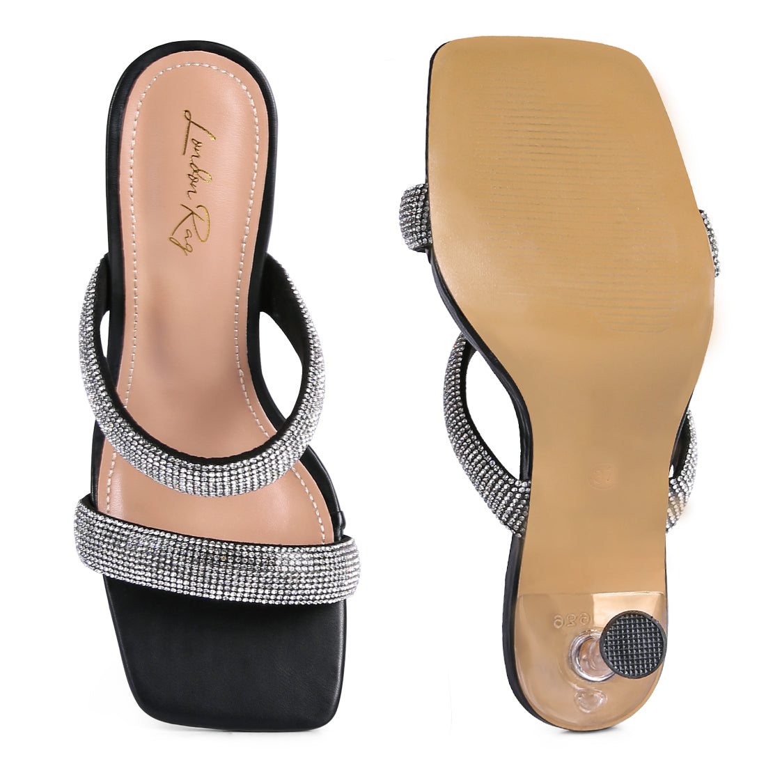 Black Diamante Mid Heel Slide Sandals