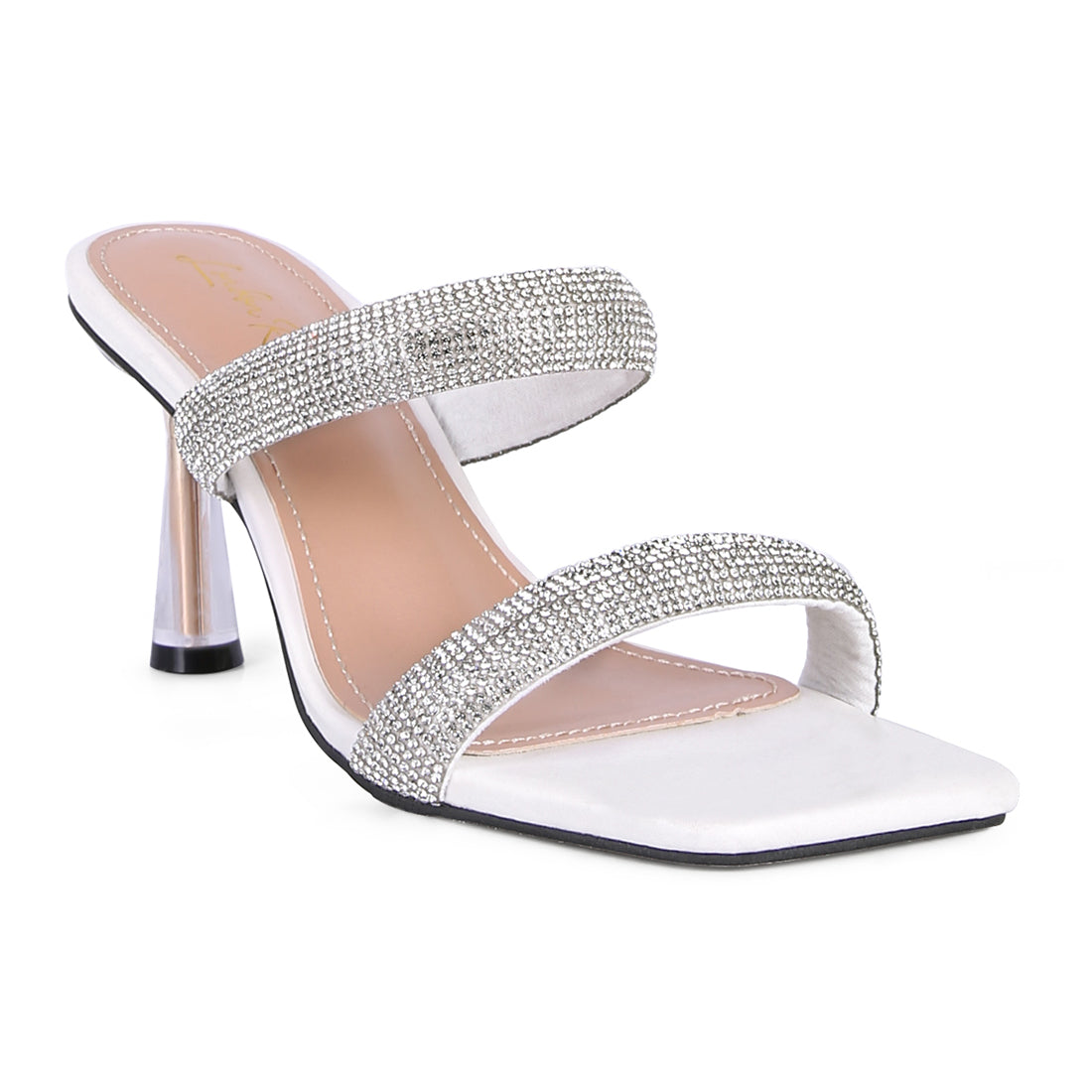 White Diamante Mid Heel Slide Sandals
