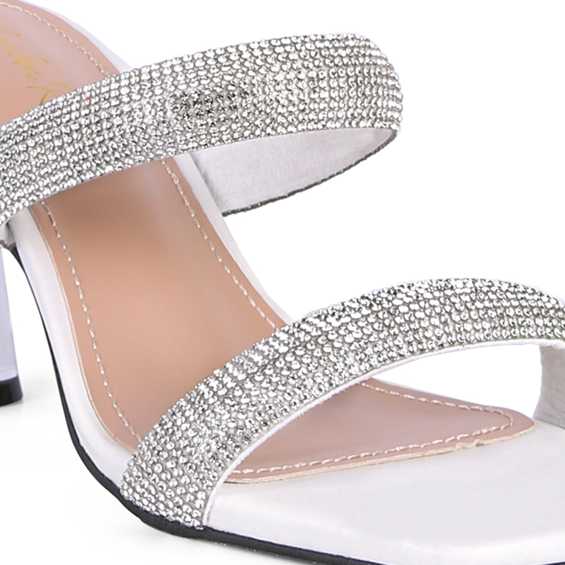 White Diamante Mid Heel Slide Sandals
