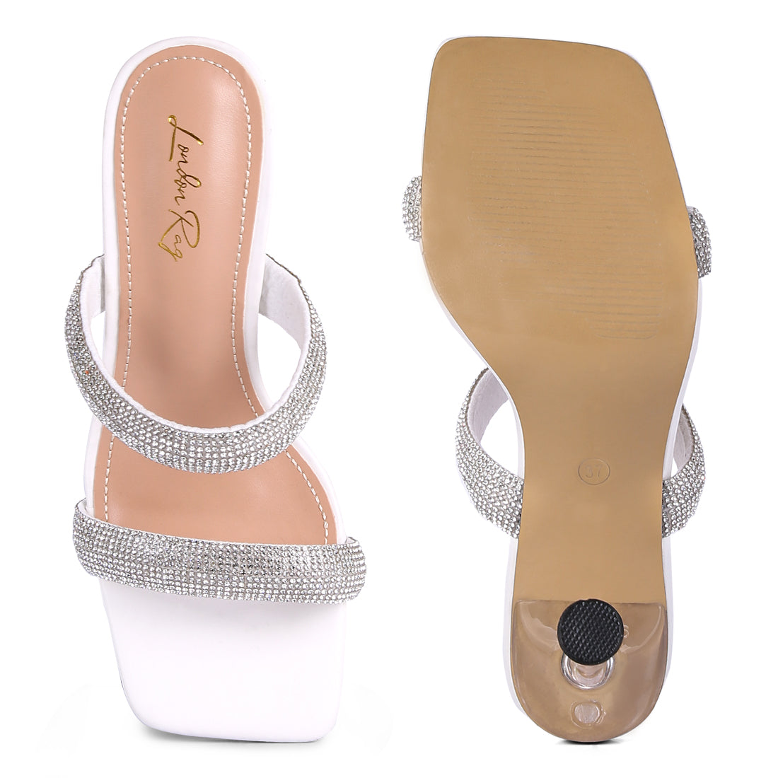 White Diamante Mid Heel Slide Sandals