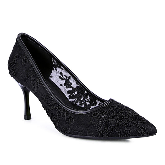 Black Lace Stiletto Party Pumps