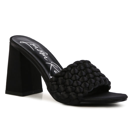 Black Braided Satin Block Sandals