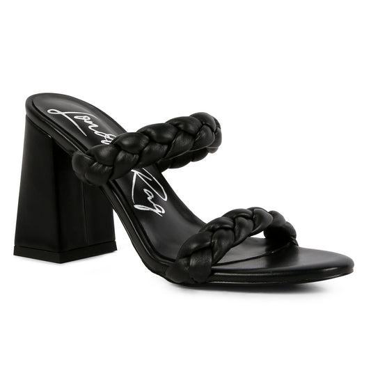 Black Braided Strap High Block Heels