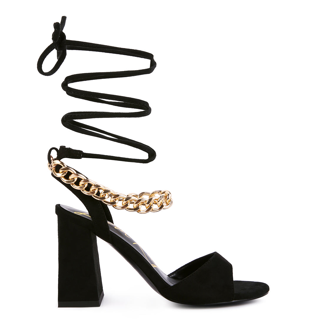 Black Chain Detail Tie Up Block Heels