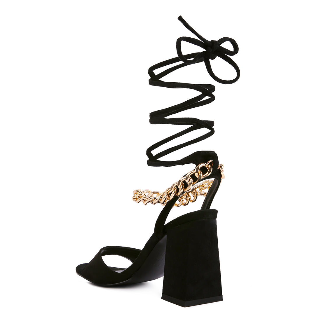 Black Chain Detail Tie Up Block Heels