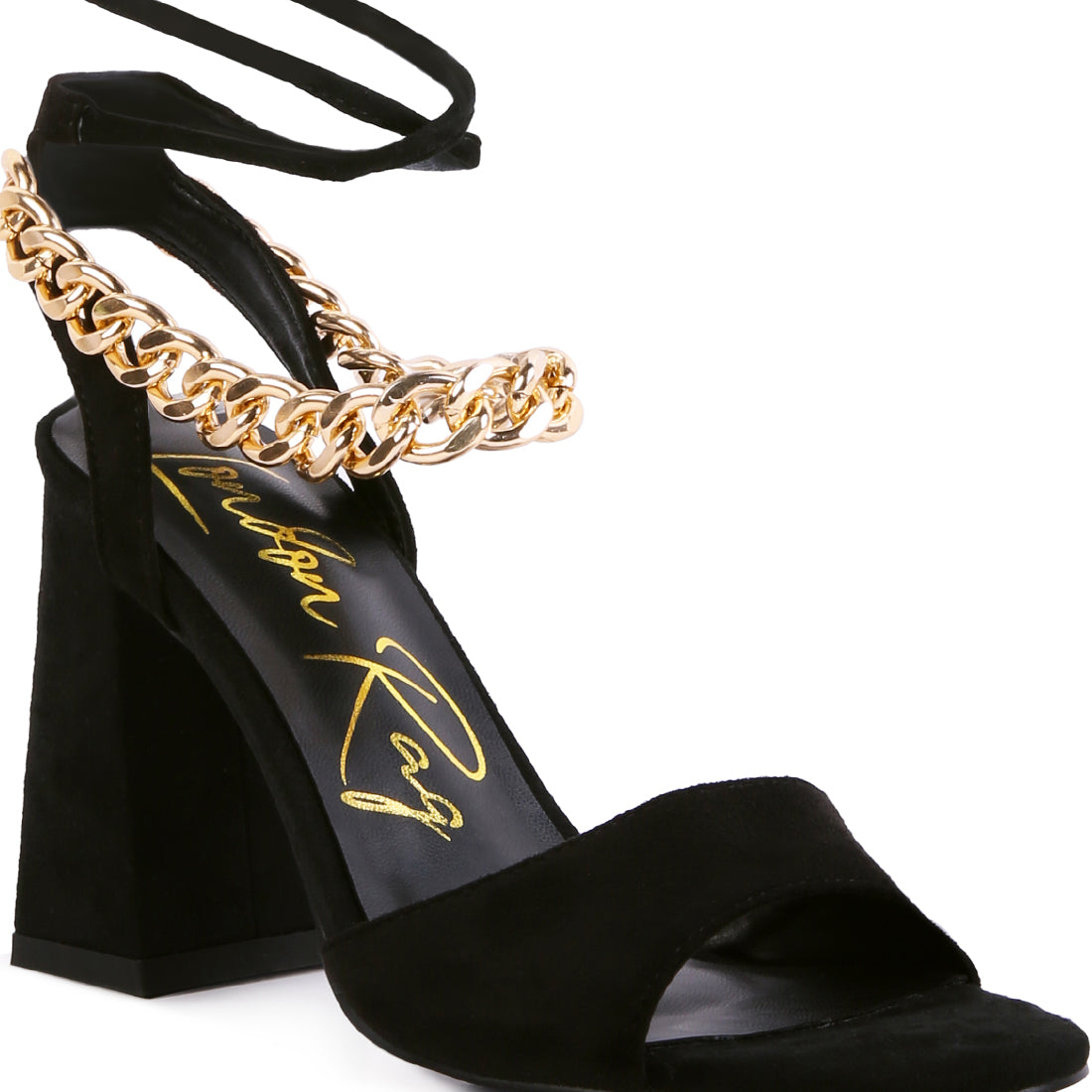 Black Chain Detail Tie Up Block Heels