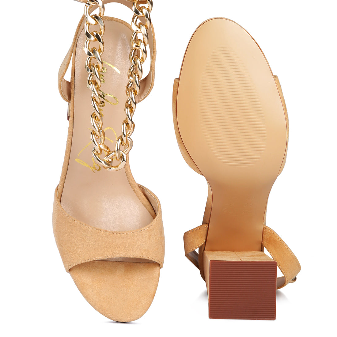 Beige Chain Detail Tie Up Block Heels