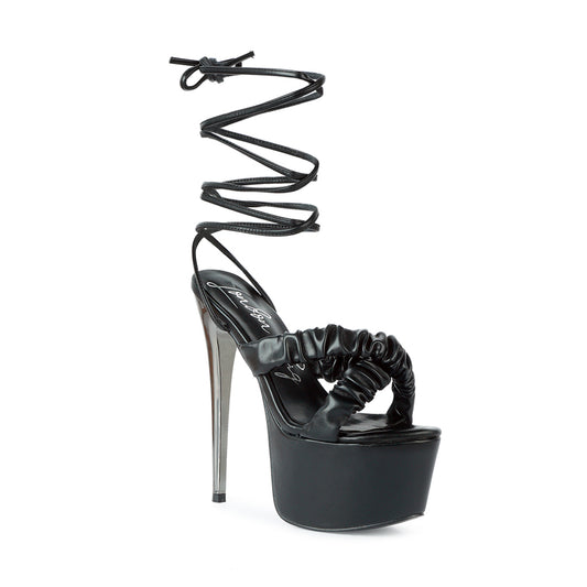 Black Pop Era Ruched Straps Tie Up Sandals