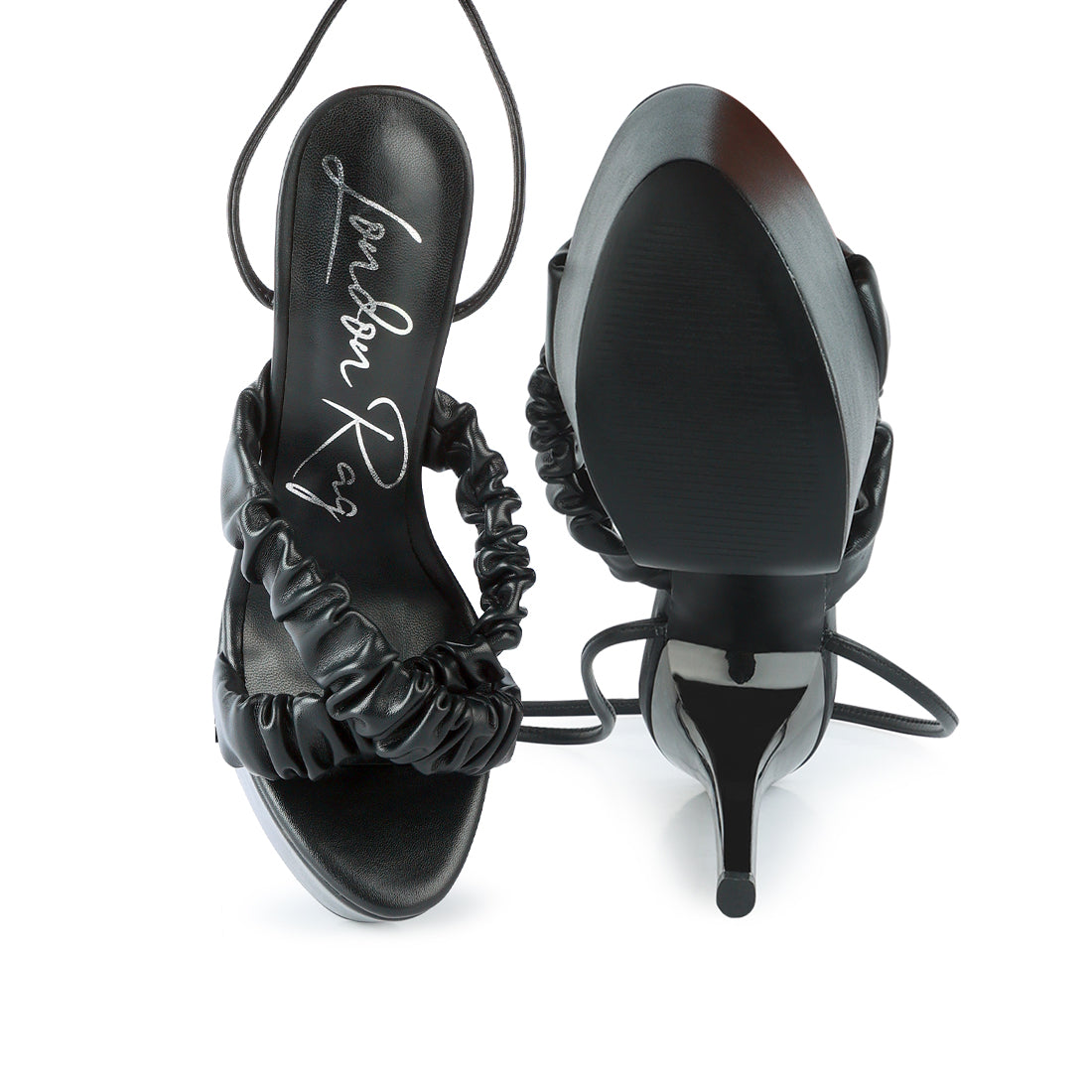 Black Pop Era Ruched Straps Tie Up Sandals