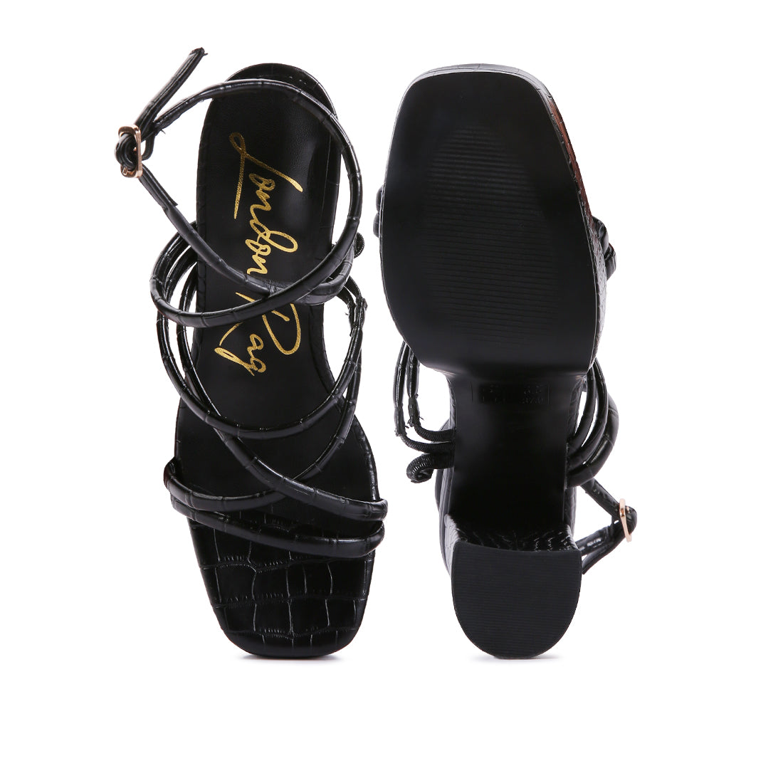 Black Strappy Platform Chunky High Heels