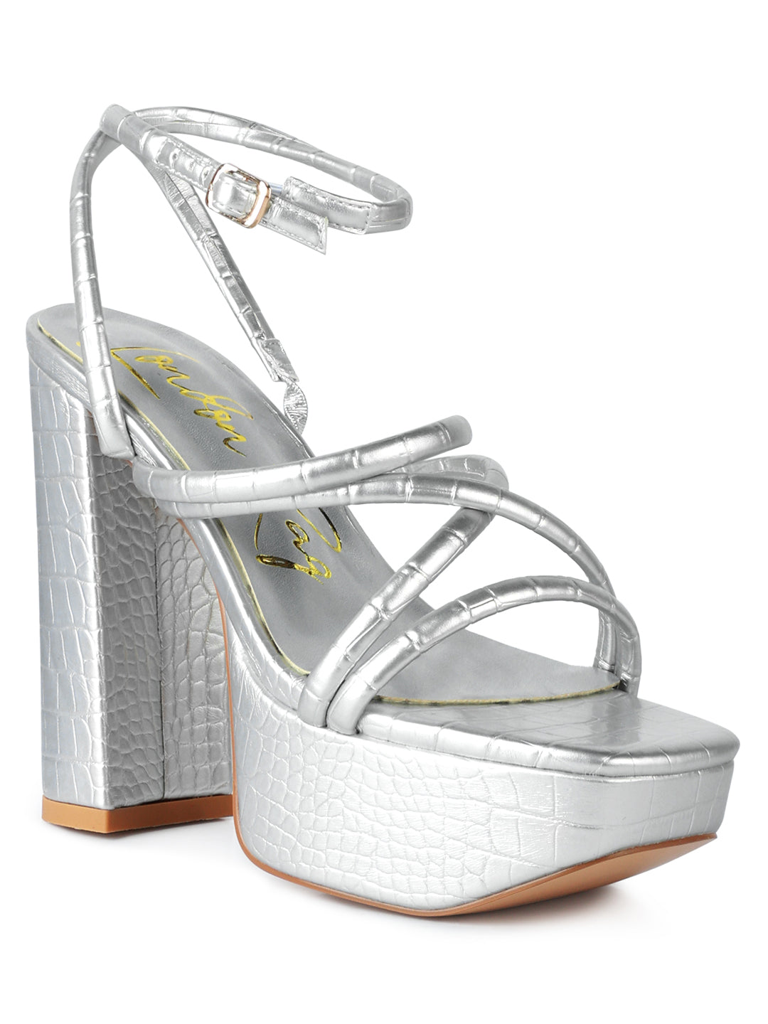 Silver Strappy Platform Chunky High Heels